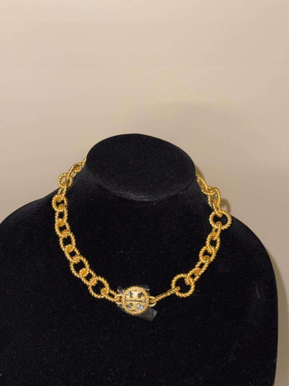Tory Burch Gold-Tone Textured Link Necklace with Logo Medallion